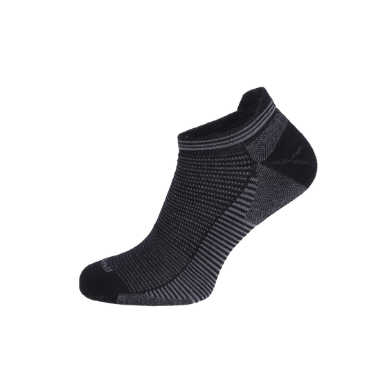 Black ankle sock with gray stripes on a white background